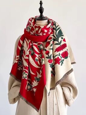 Elegant Red Floral Scarf Wrap - Women Accessories
